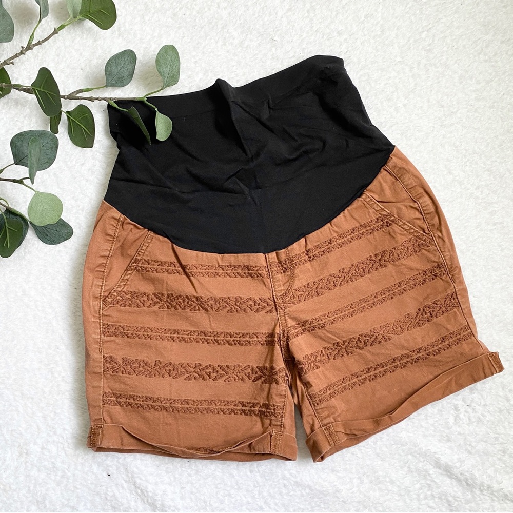 A:Glow | full panel maternity rust colored embroidered shorts